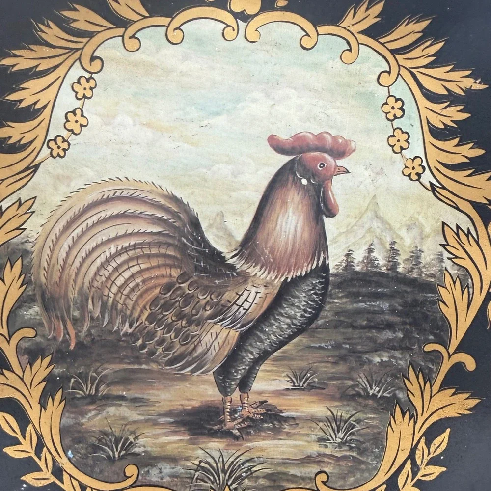 Vintage Hand Painted Rooster Toleware Decorative Plate Black Gold Scalloped 12